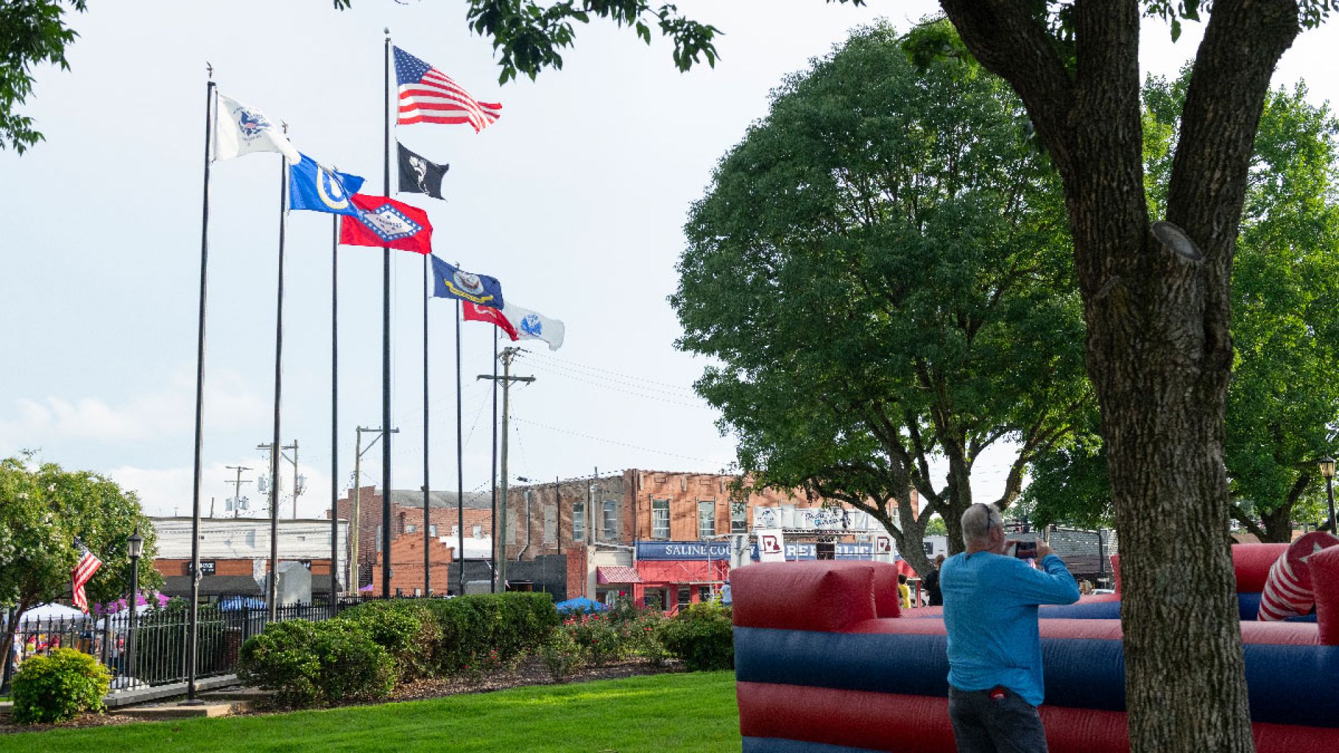 flags flying in downtown Benton Arkansas